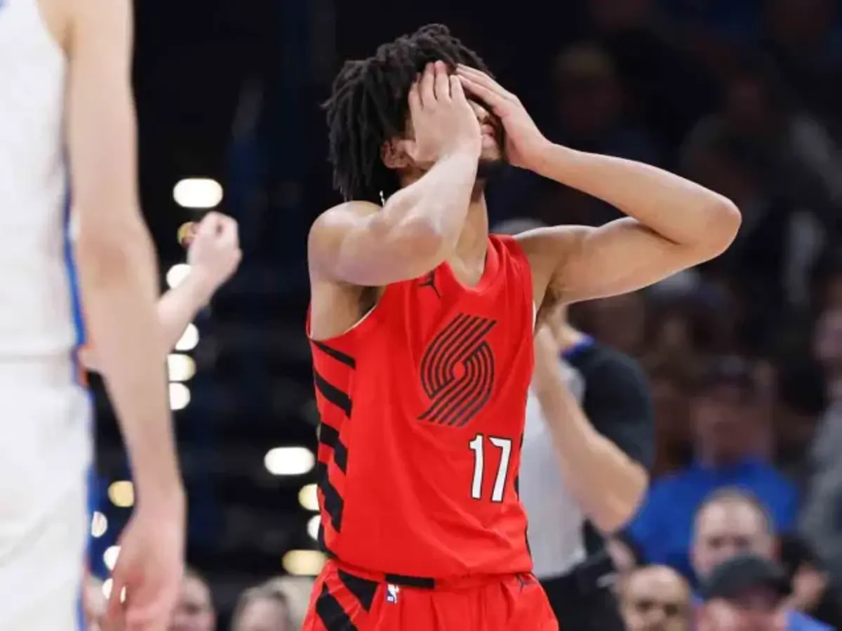 Portland Trail Blazers guard Shaedon Sharpe reacts to their lopsided loss