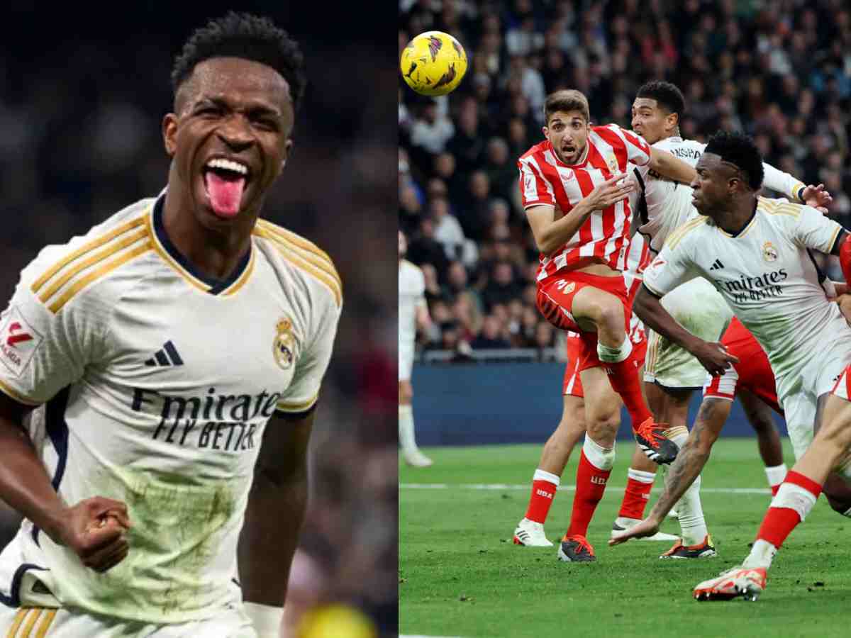 WATCH: “Cheats and Freak” – Fans FUME over Vinicius Jr’s goal against Almeria, claiming it was ‘hand-ball’ as Real Madrid stage a comeback win