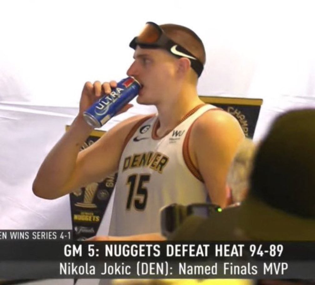 Nikola Jokic celebrating after winning the league (Via X)