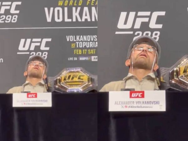 Alexander Volkanovski pretends to be asleep at the UFC 298 press conference