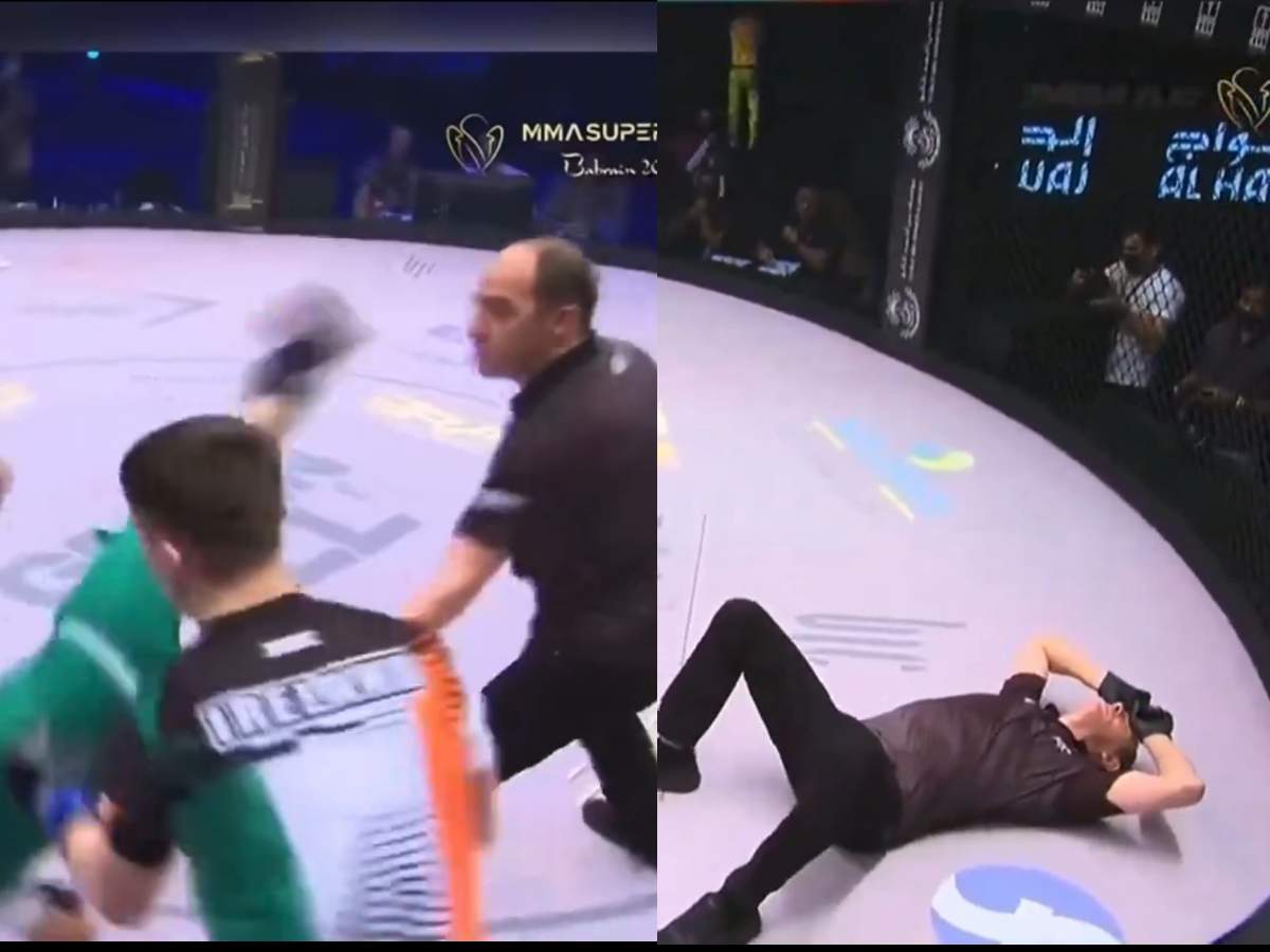 Cartwheel kick by fighter knocked down referee