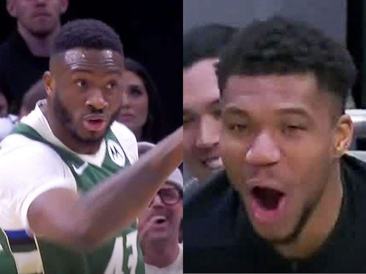 Giannis going crazy on the bench after Thanasis pulls of a shammgod move and scores (ESPN)