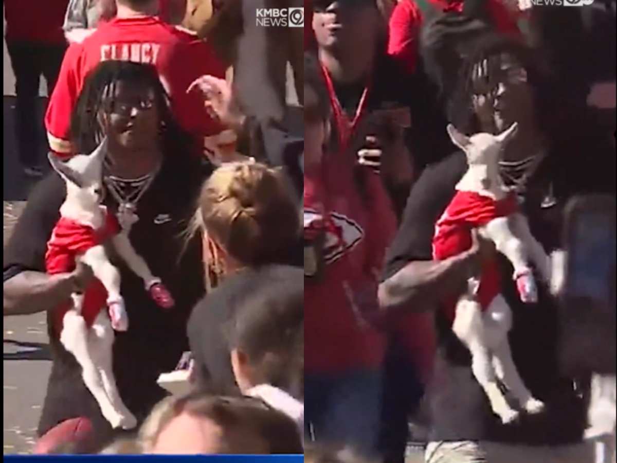 WATCH: Isiah Pacheco hilariously brings a ‘goat’ donning Patrick Mahomes jersey at Chiefs Super Bowl Parade