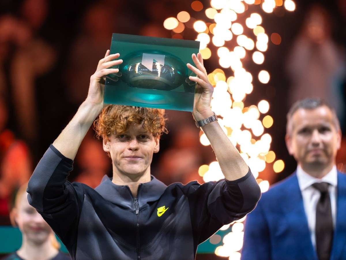 Jannik Sinner of Italy is seen with his trophy during Day 7 of the ABN AMRO Open 2024 at Ahoy