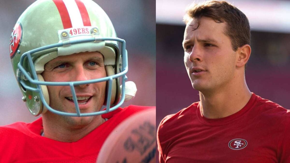 Joe Montana (L) and Brock Purdy (R) of the San Francisco 49ers