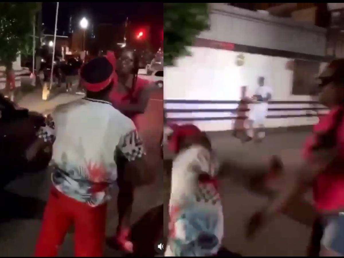 Woman knocked out man with a left hook in a street fight