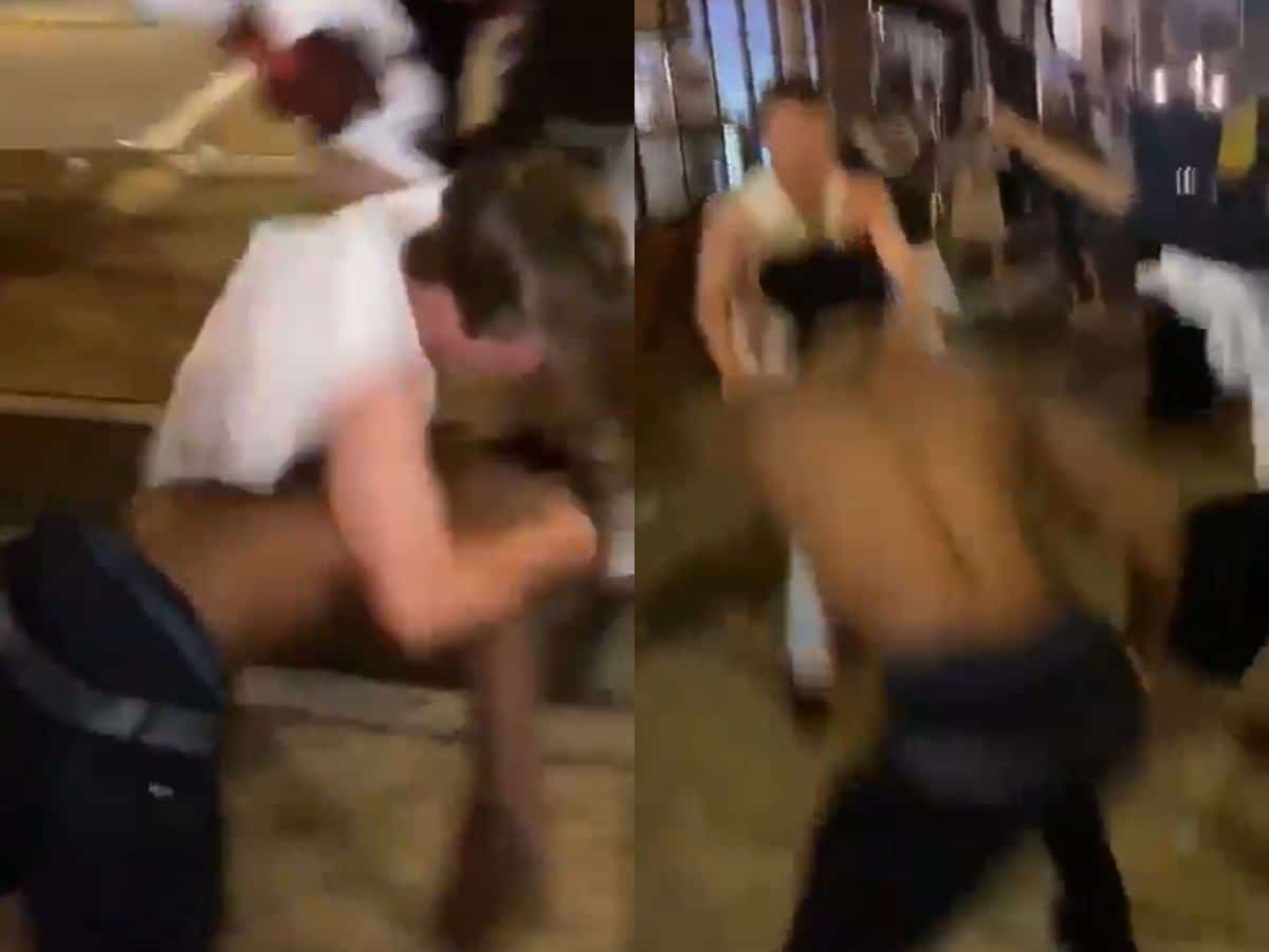 Brutal overhand right knockout in a street fight