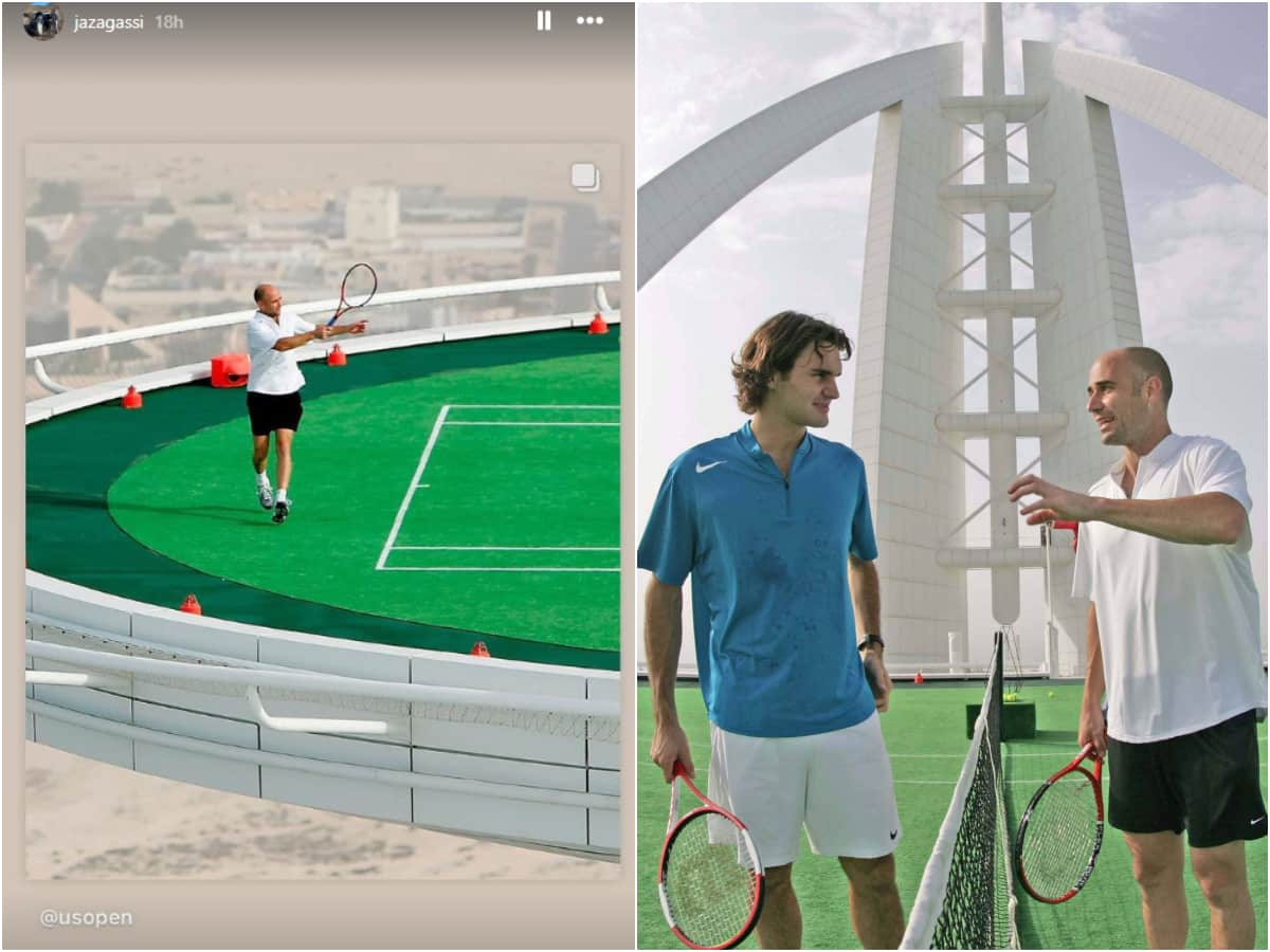 Jaz Agassi's Instagram Story, Roger Federer and Andre Agassi on the helipad