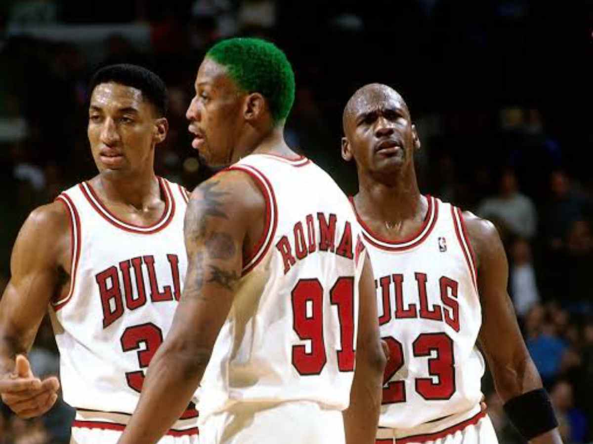 Scottie Pippen, Dennis Rodman and Michael Jordan