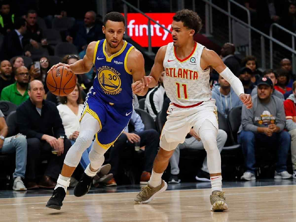 GSW's Steph Curry (Left) against Hawks' Trae Young (via Open Source/X)