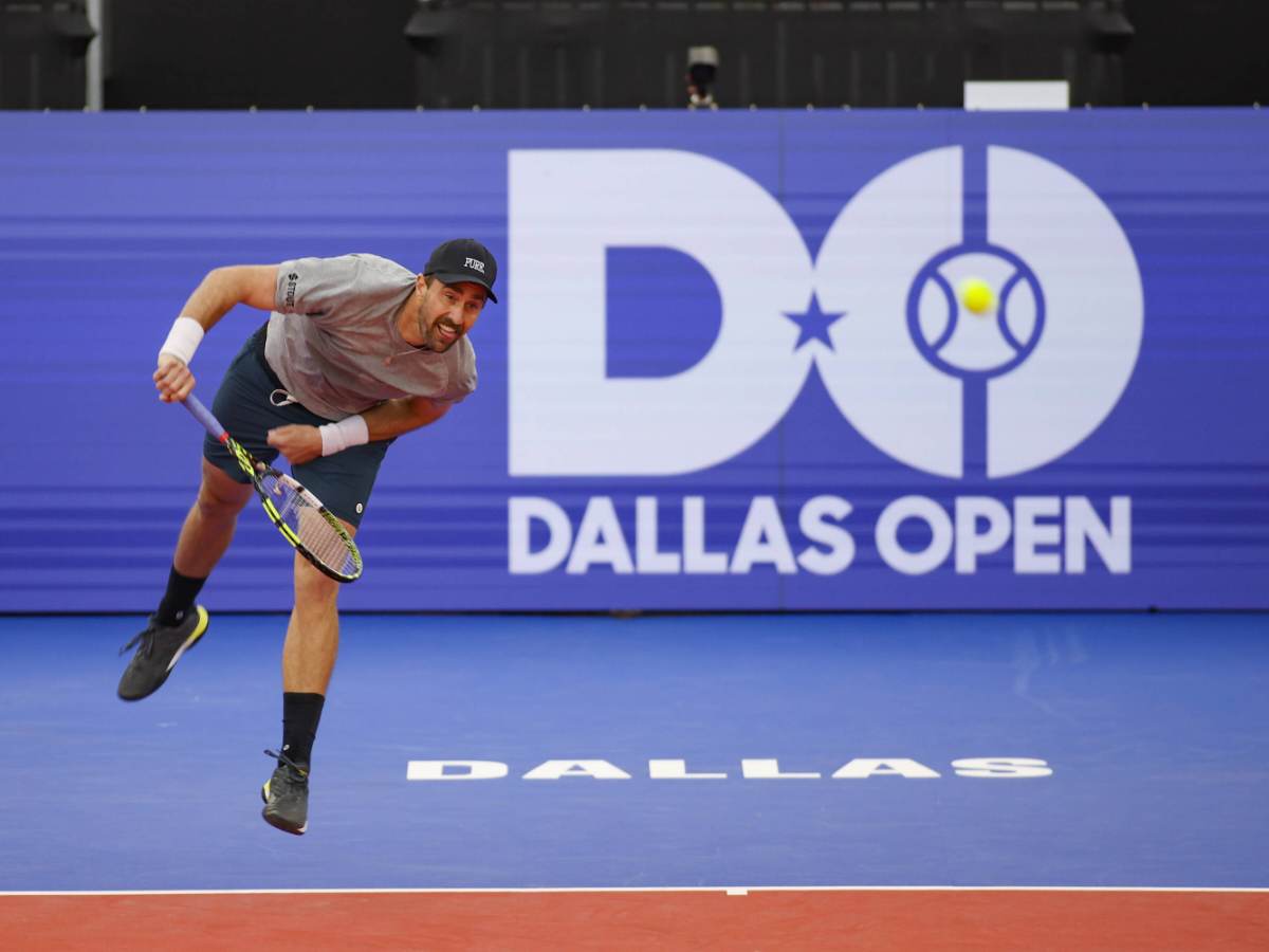 Steve Johnson (USA) serves during the Dallas Open on February 5, 2024 at StyslingerAltec Tennis Complex in Dallas