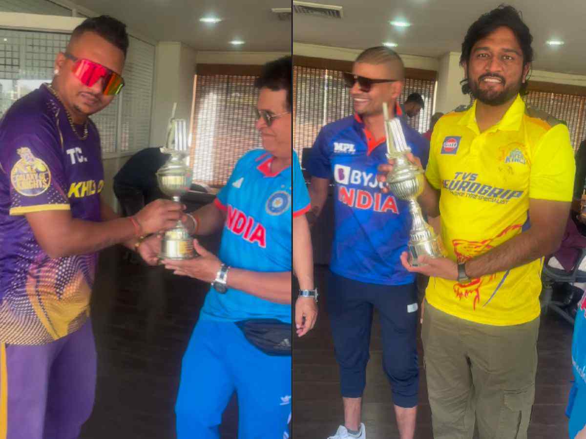 Sunil Narine, Sachin Tendulkar, Shikhar Dhawan and MS Dhoni