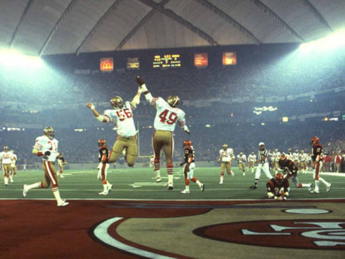 The San Francisco 49ers celebrating at Super Bowl XVI 