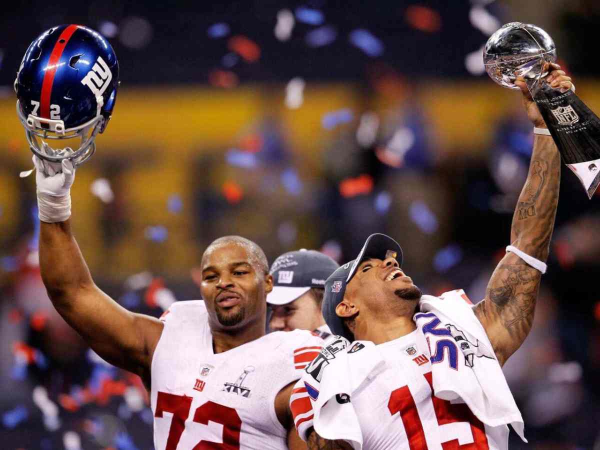 The New York Giants celebrate their Super Bowl XLVI victory