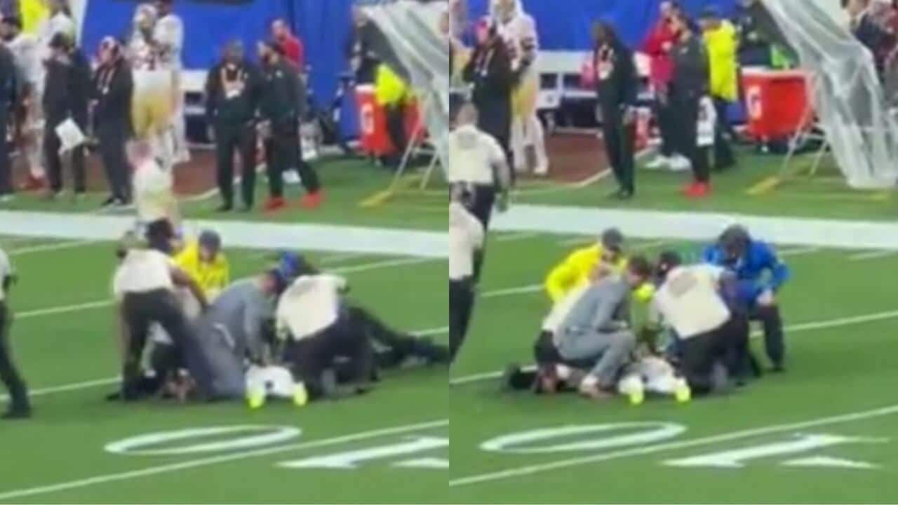 WATCH: ‘Shirtless’ fan bizarrely runs onto the field in middle of the Super Bowl, gets tackled by security