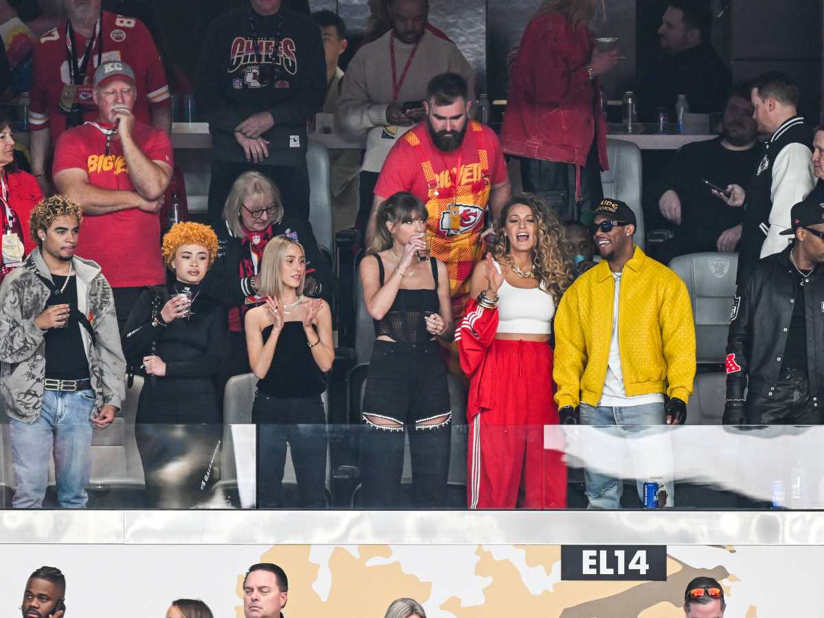 Taylor Swift Ice Spice, Brittany Mahomes, Jason Kelce (second row) , Taylor Swift, Blake Lively attend Super Bowl LVIII between the San Francisco 49ers and the Kansas City Chiefs held at Allegiant Stadium in Las Vegas, Nevada on February 11, 2024. 