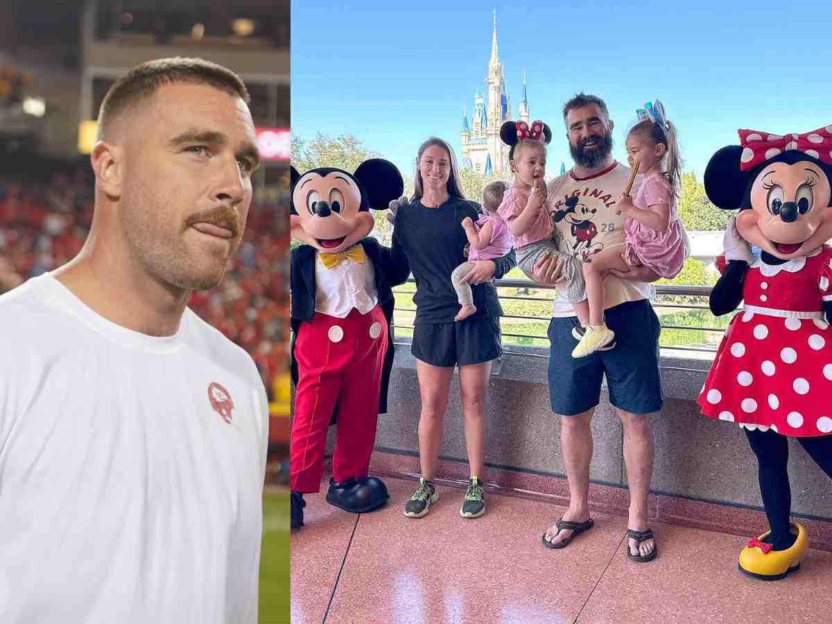 Travis Kelce (L) and Jason Kelce family (R)