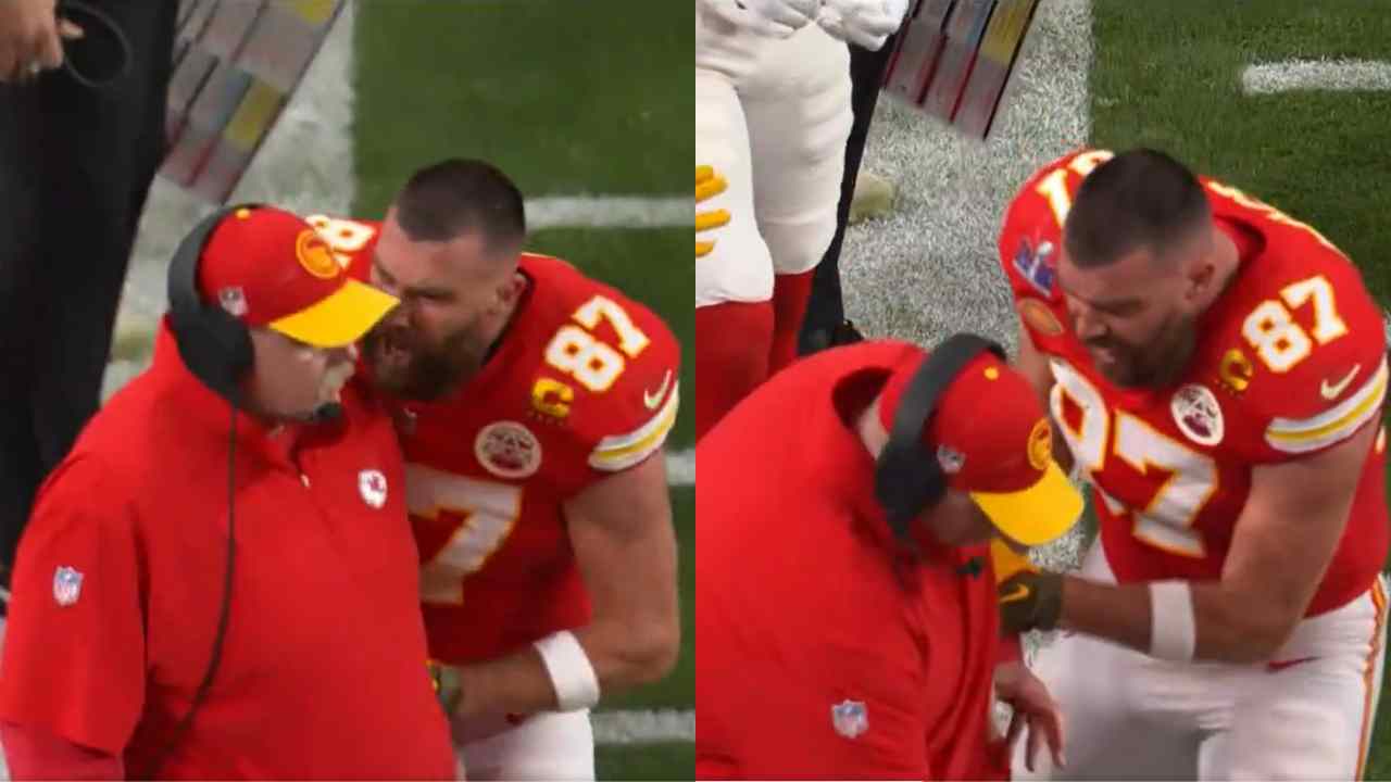 WATCH: ‘Agitated’ Travis Kelce bizarrely pushes HC Andy Reid on the sidelines after Chiefs’ redzone fumble in the Super Bowl