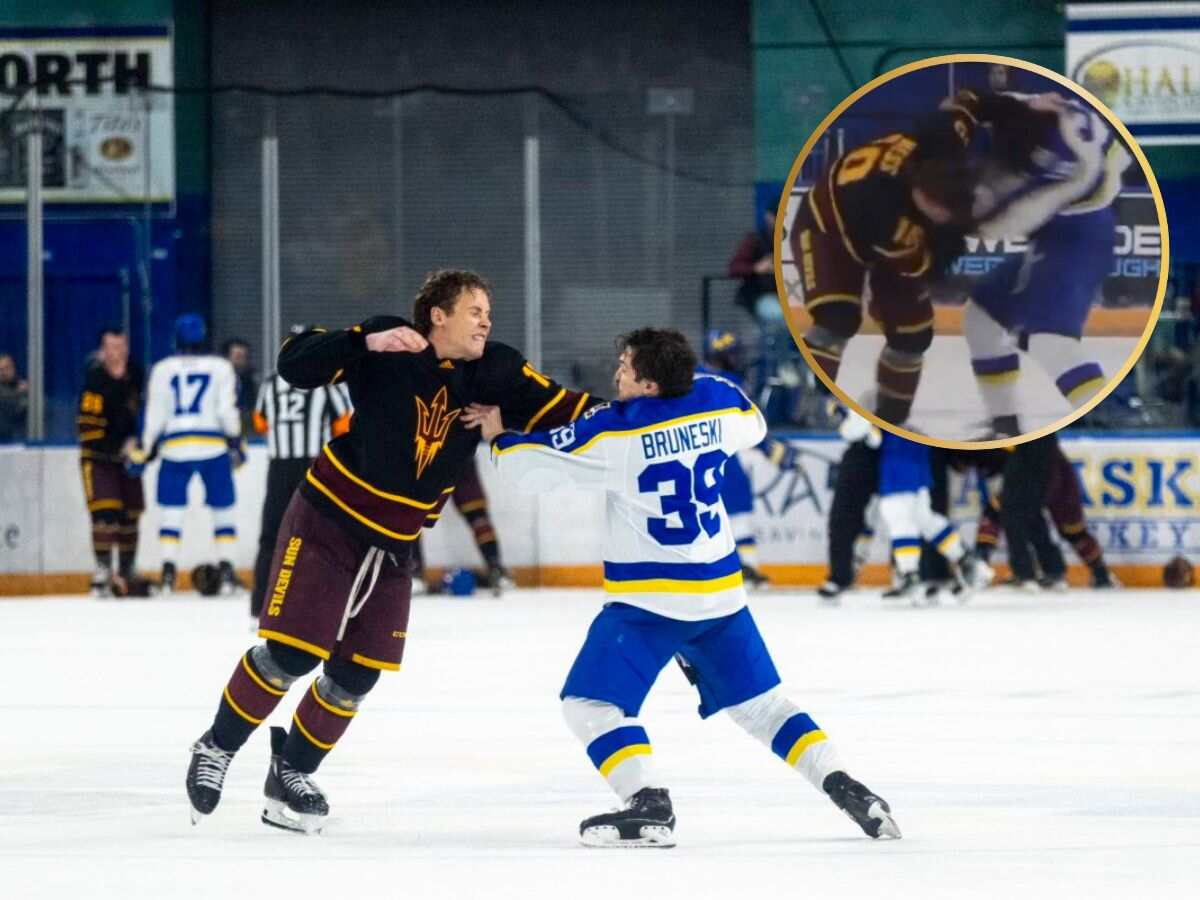 WATCH: Tucker Ness and Dawson Bruneski’s epic college hockey fight sends referee tumbling on ice