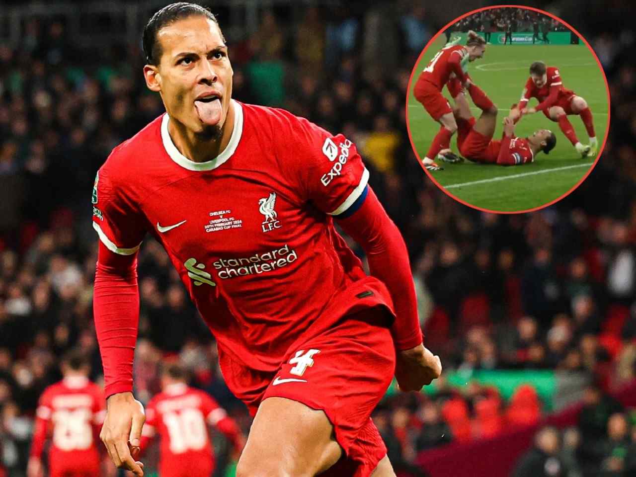 “Don’t show us the dressing room please” — Fans dumbfounded by Kostas Tsimikas’ celebration with Virgil van Dijk, call it most ‘sus’ of all time