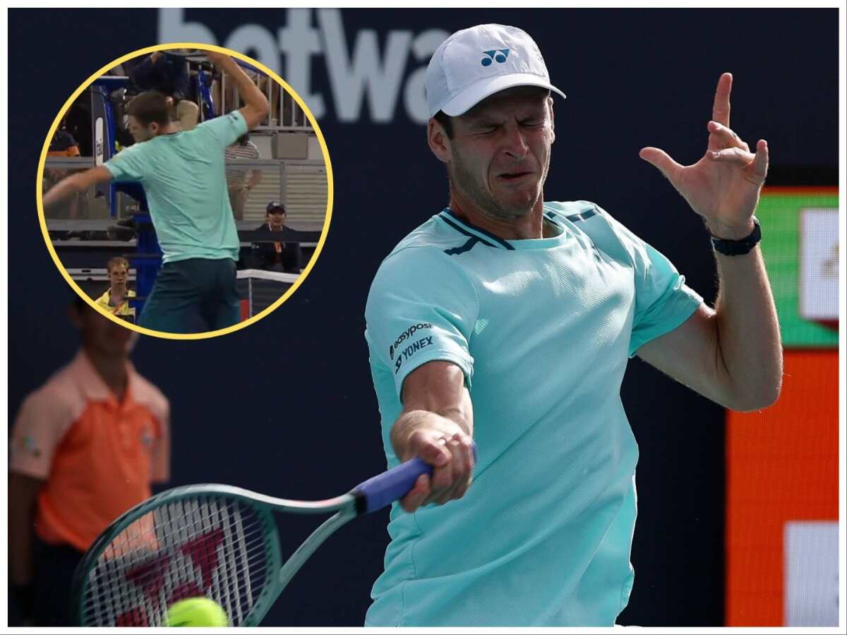 WATCH: Hubert Hurkacz smashes his racket after the chair umpire calls a touch and the crowd boos to cheer against opponent Grigor Dimitrov at the Miami Open