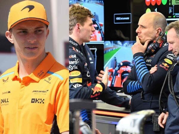 Oscar Piastri, Max Verstappen, Gianpiero Lambiase, and Christian Horner