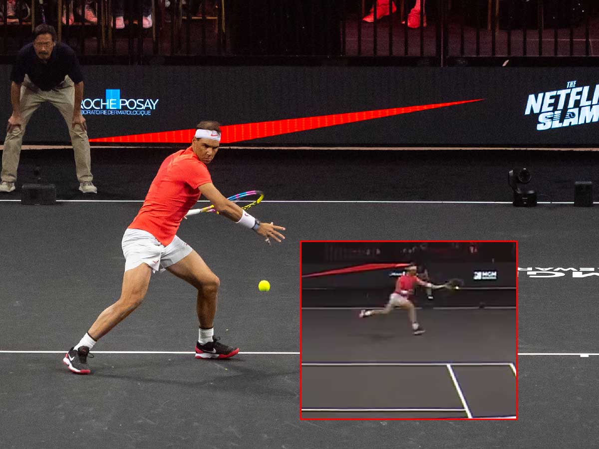 WATCH: Rafael Nadal saves an ‘insane’ match point against Carlos Alcaraz at Netflix Slam with his iconic forehand pass