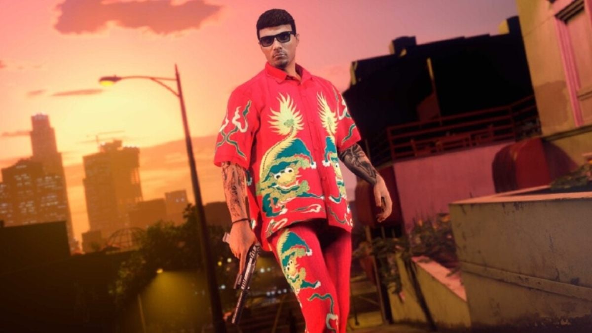 Red SC Dragon Revere Collar Shirt and Embroidered Pants in GTA Online (Image via Rockstar Games)