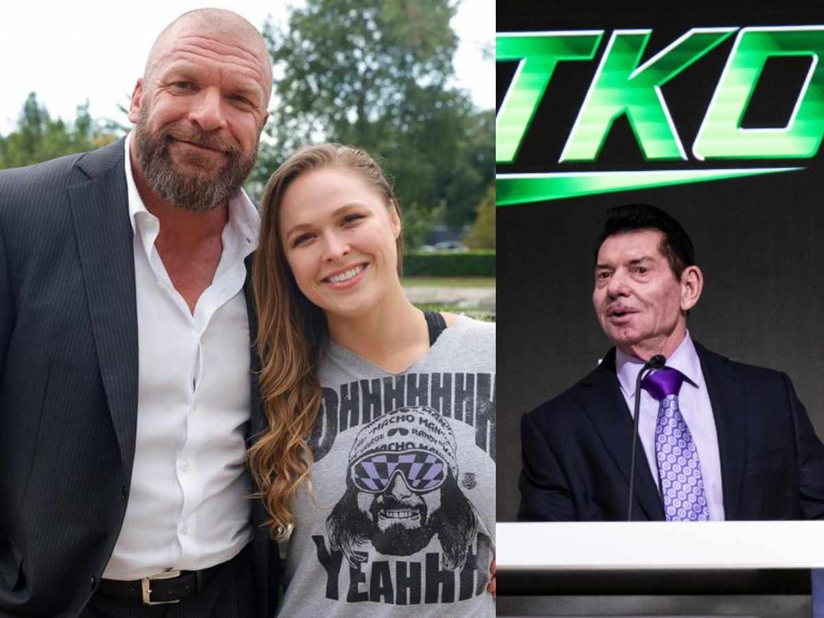 Ronda Rousey with Triple H and Vince McMahon