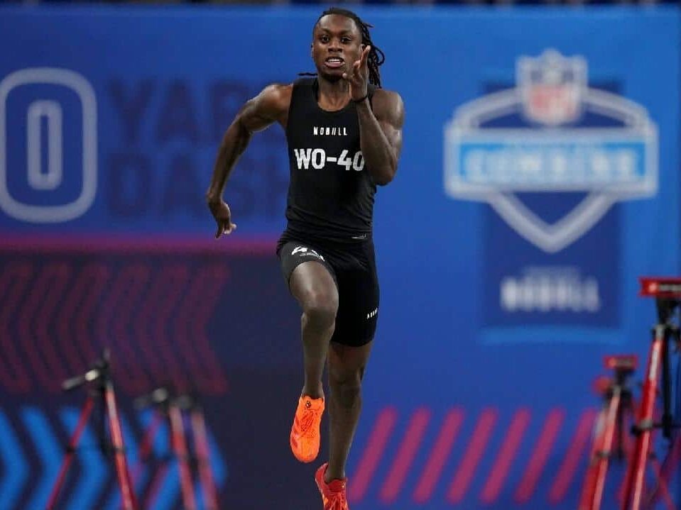 Xavier Worthy ran an official time of 4.21 seconds to set a combine record during the 2024 NFL Combine at Lucas Oil Stadium