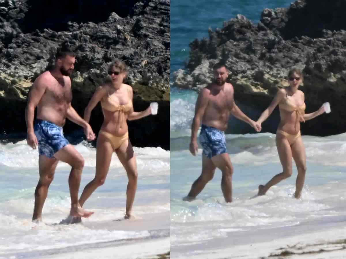 Taylor Swift, slaying in sexy yellow bikini, passionately kisses boyfriend Travis Kelce in ocean during romantic Bahamas getaway