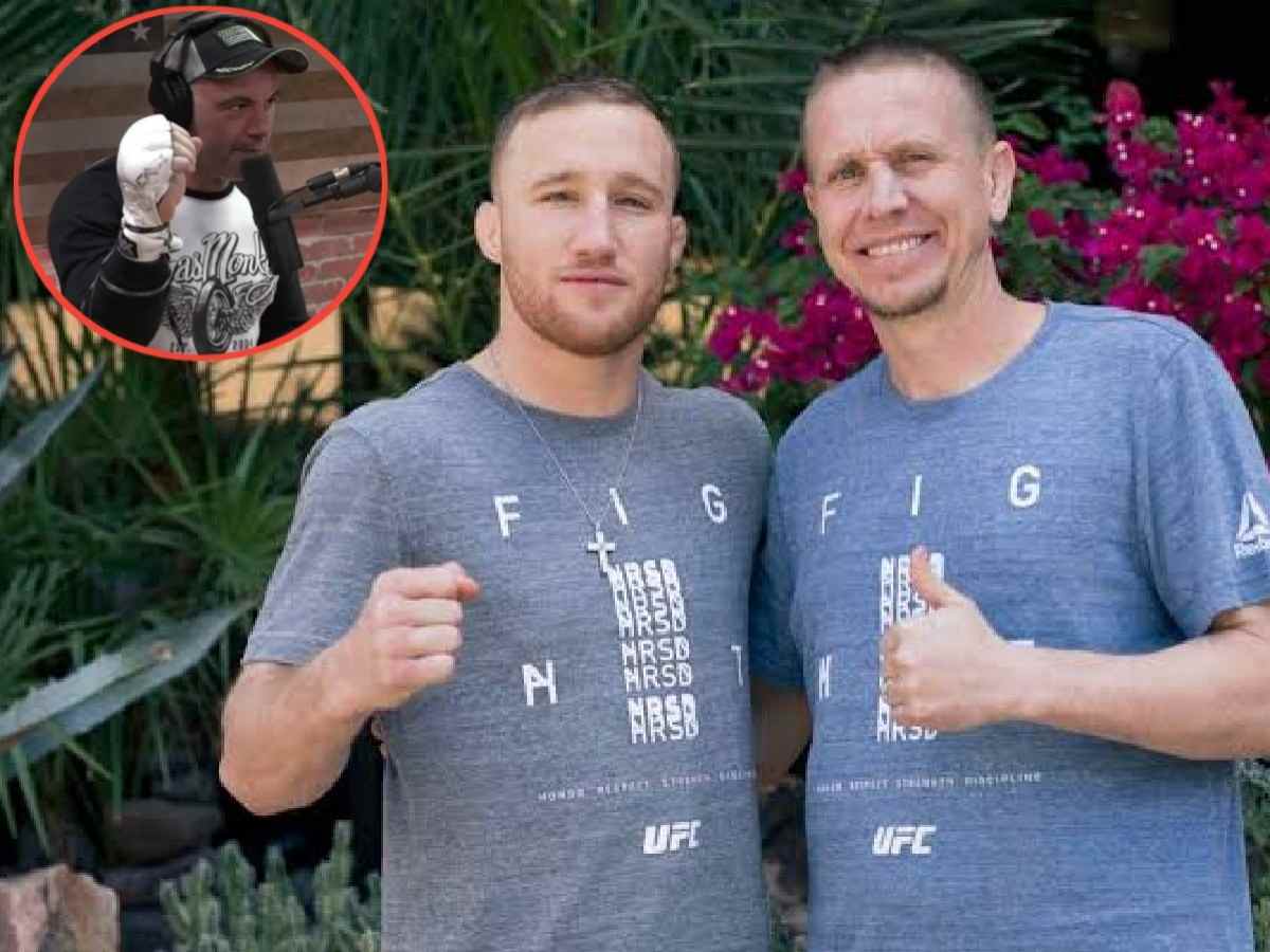 Justin Gaethje and Trevor Whitman shows Joe Rogan gloves