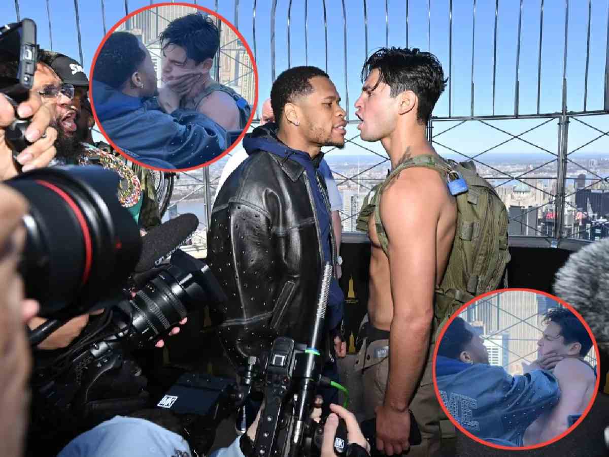 WATCH: Devin Haney shoves Ryan Garcia after an intense face off on top of the Empire State Building