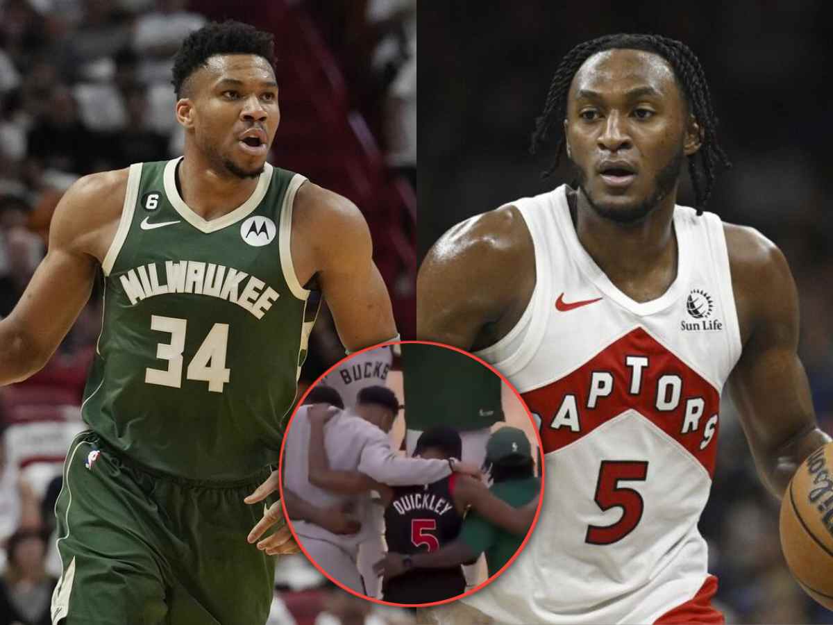 WATCH: Giannis Antetokounmpo invites Raptors’ Immanuel Quickley to Bucks’ huddle to pray for late uncle