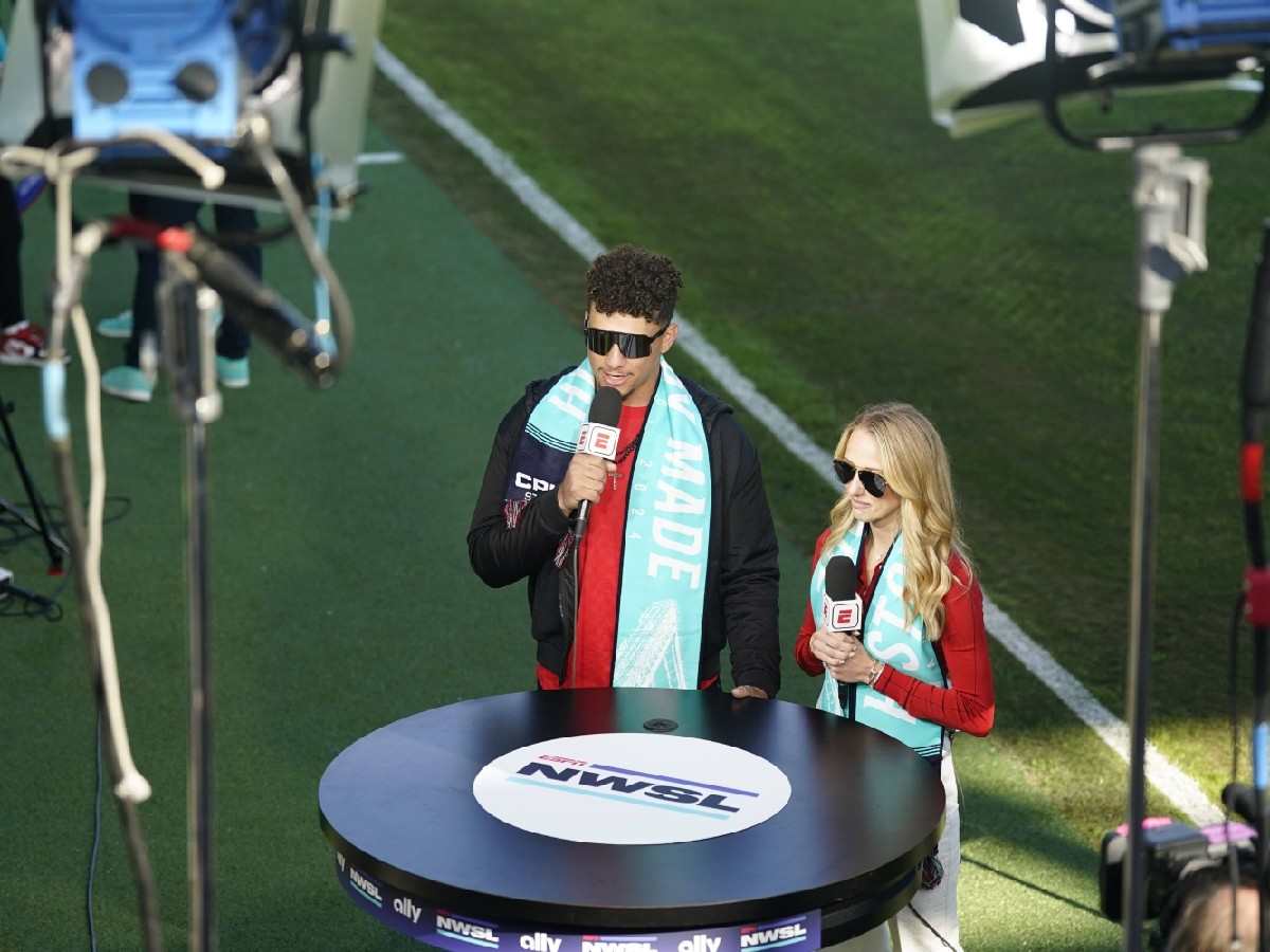 Patrick Mahomes quarterback for the Kansas City Chief and wife Brittany Mahomes are interviewed prior to the match against the Portland Thorns FC and the Kansas City Current at CPKC Stadium. Kansas City CPKC Stadium 