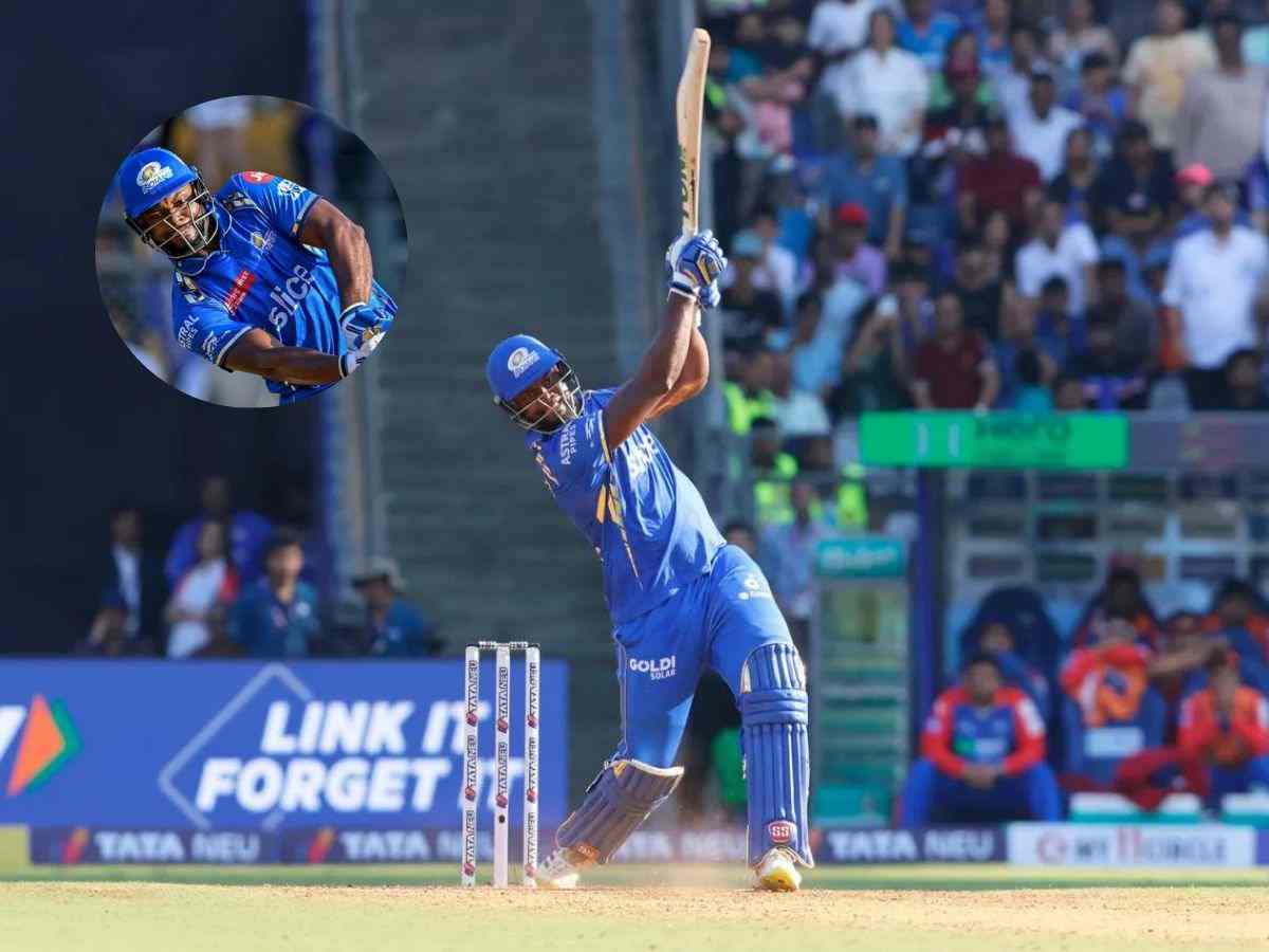 WATCH: 4,6,6,6,4,6 in final over! Romario Shepherd smashes Anrich Nortje for 32-runs as Mumbai Indians post massive total 