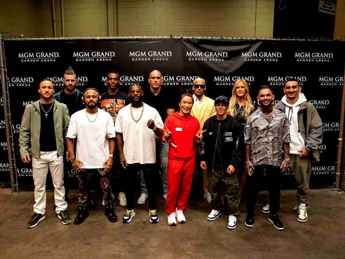 The UFC 300 Fighter Roster pose after the ceremonial staredowns