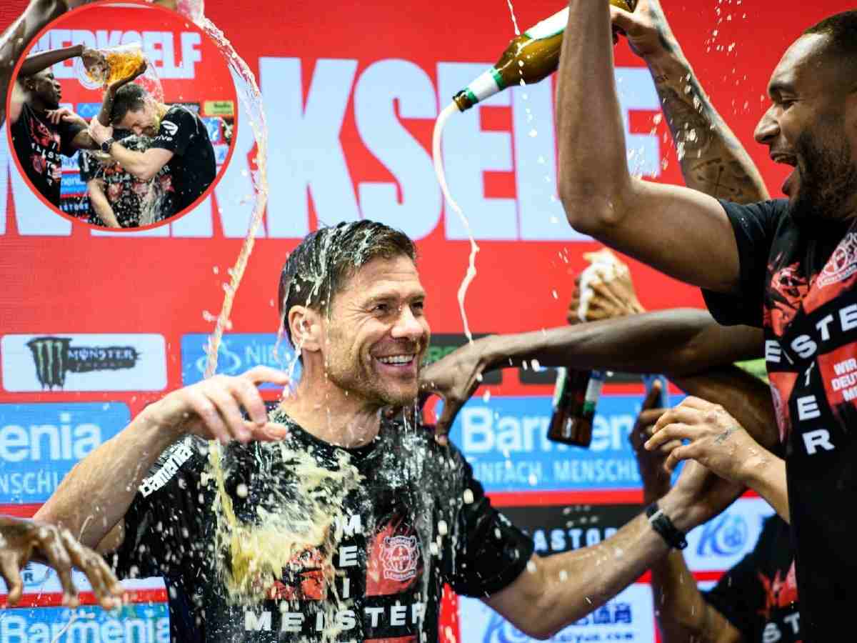 WATCH: ‘Excited’ Bayer Leverkusen players invade Xabi Alonso’s press conference to shower him in beer after historic title triumph