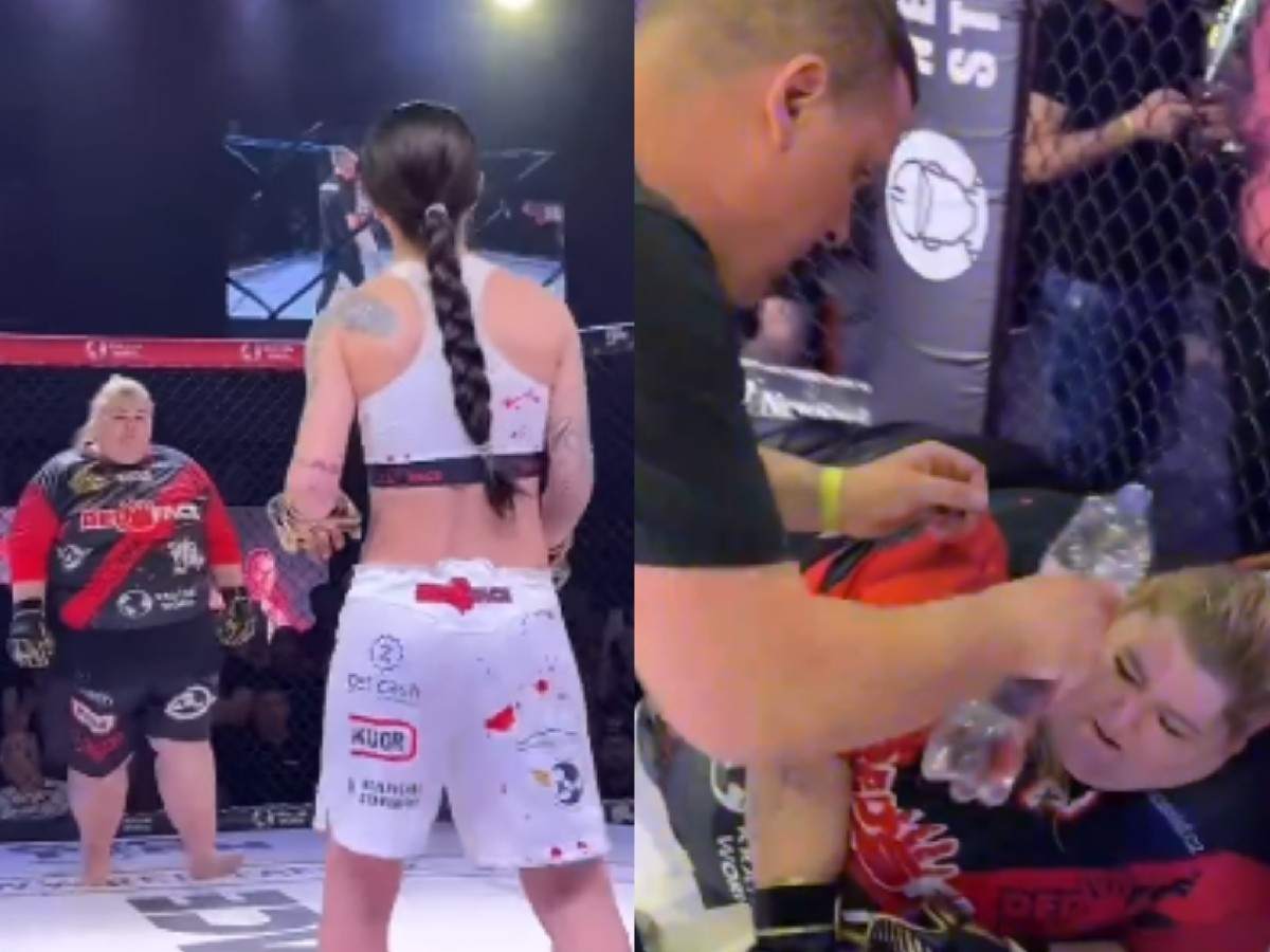 WATCH: “What in the looney tunes is going on” – Woman fighter KO’s herself into cage in Czech fighting promotion leaving fans in splits