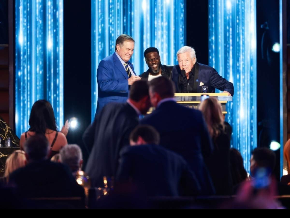 Bill Belichick and Robert Kraft on stage together at Netflix Roast