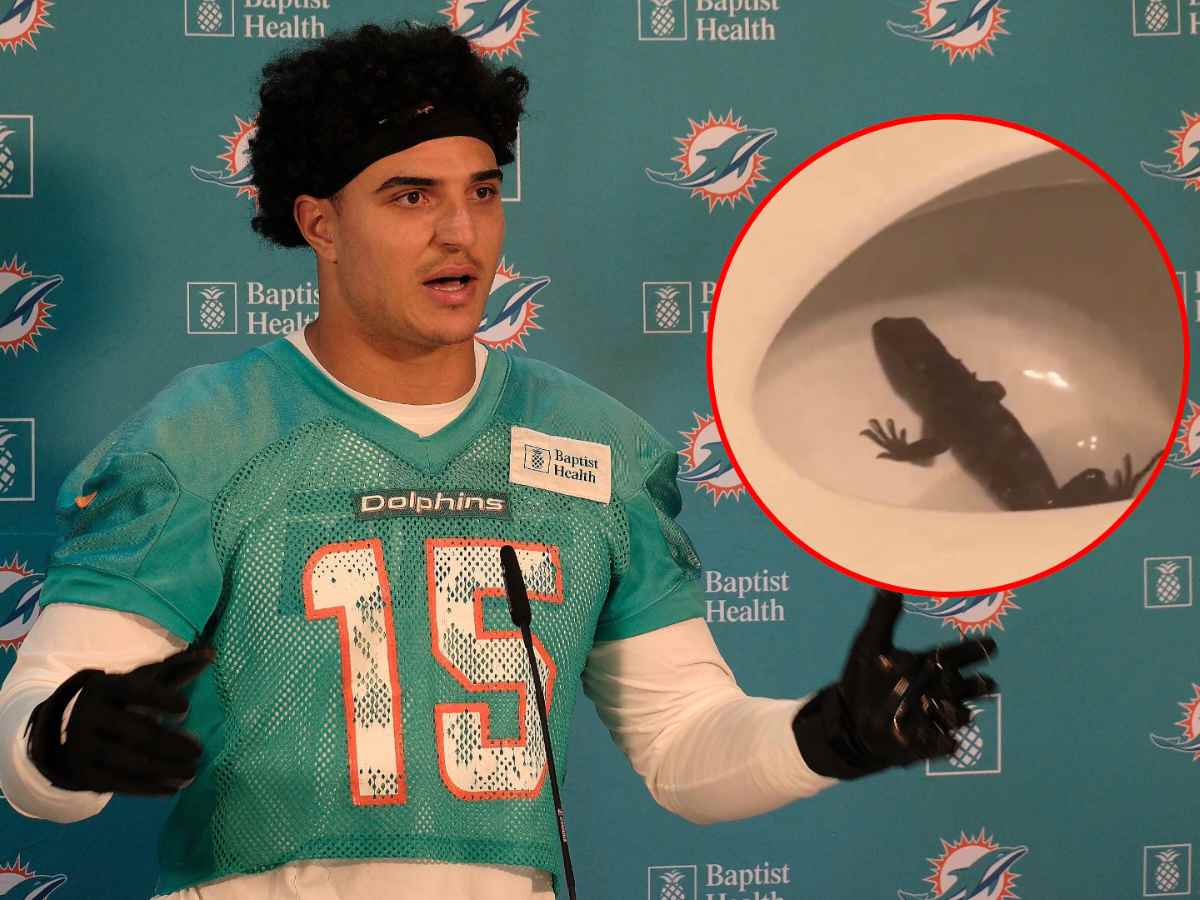 WATCH: “This is some Florida s**t!” – Dolphins’ Jaelan Phillips bizarrely walked into his toilet to find an Iguana in his commode