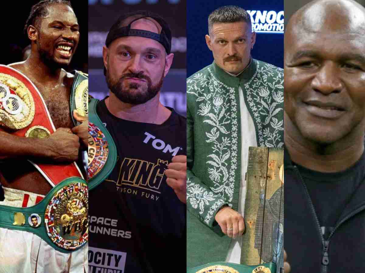 Evander Holyfield and Lennox Lewis join Tyson Fury and Oleksandr for VIRAL picture ahead of iconic title fight