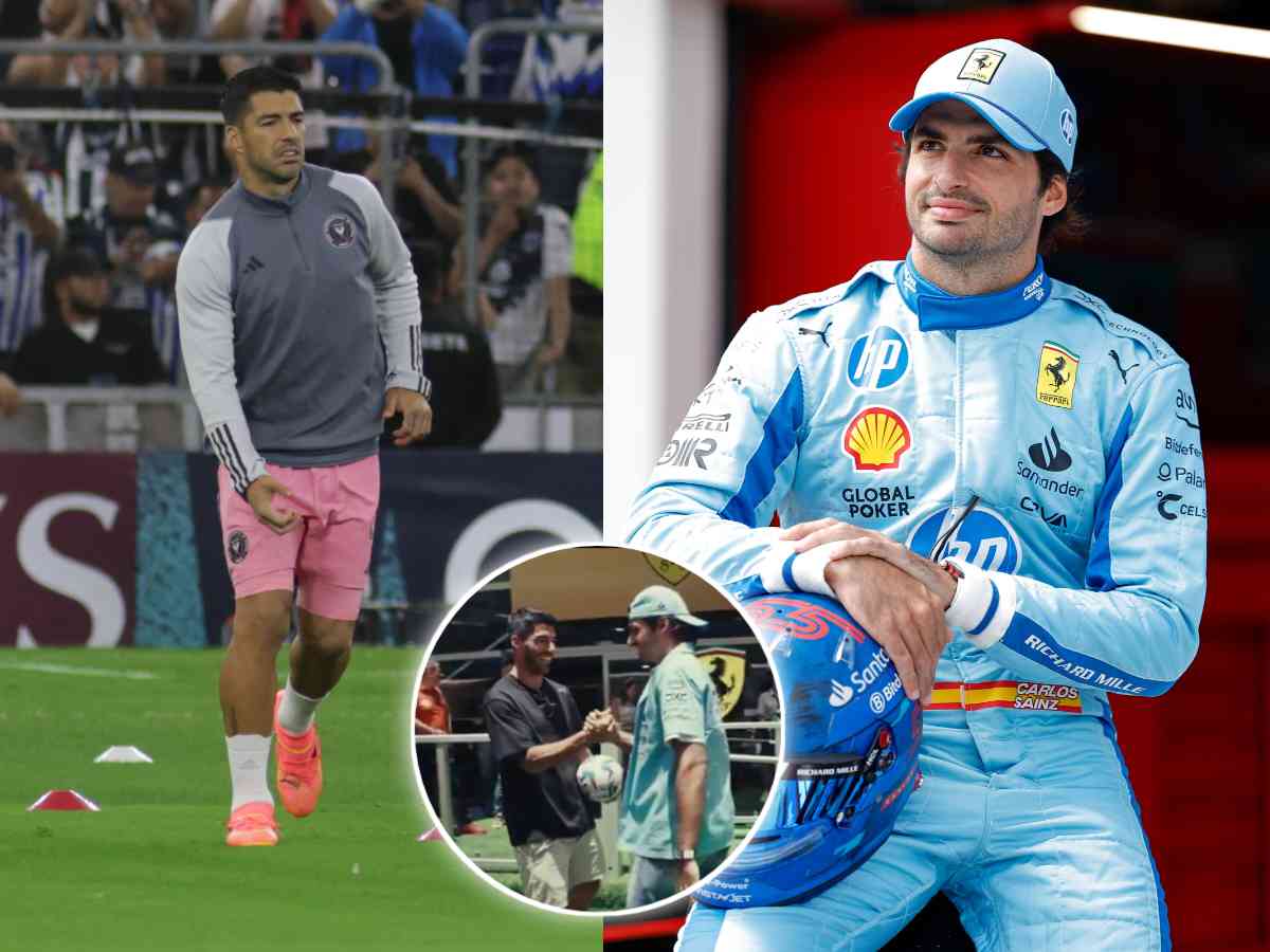 WATCH: Inter Miami star Luis Suarez catches up with Carlos Sainz over a game of keepie-uppie in the Miami GP F1 paddock 