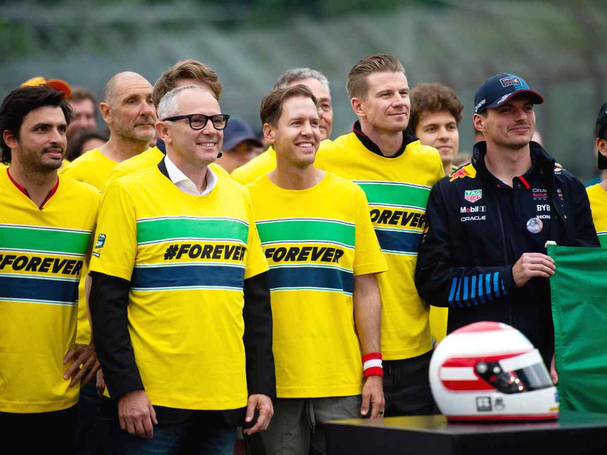 Max Verstappen alongside Sebastian Vettel, Stefano Domenicali, Nico Hulkenberg and Carlos Sainz for Senna Tribute