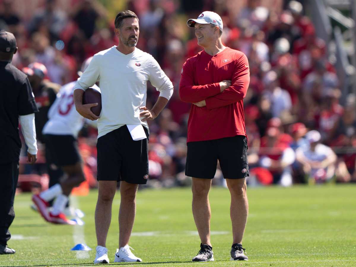 San Francisco 49ers head coach Kyle Shanahan (left) and general manager John Lynch watches the players during Training Camp at the SAP Performance Facility near Levi Stadium.