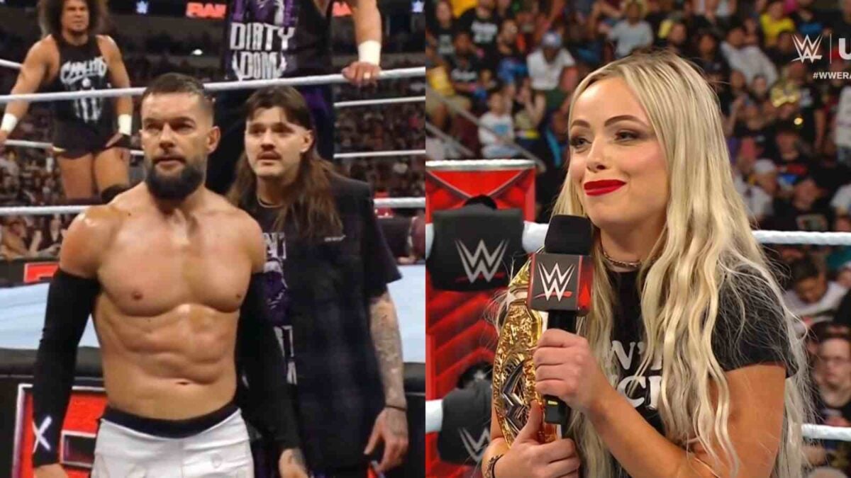 Finn Balor, Dominik Mysterio, and Liv Morgan