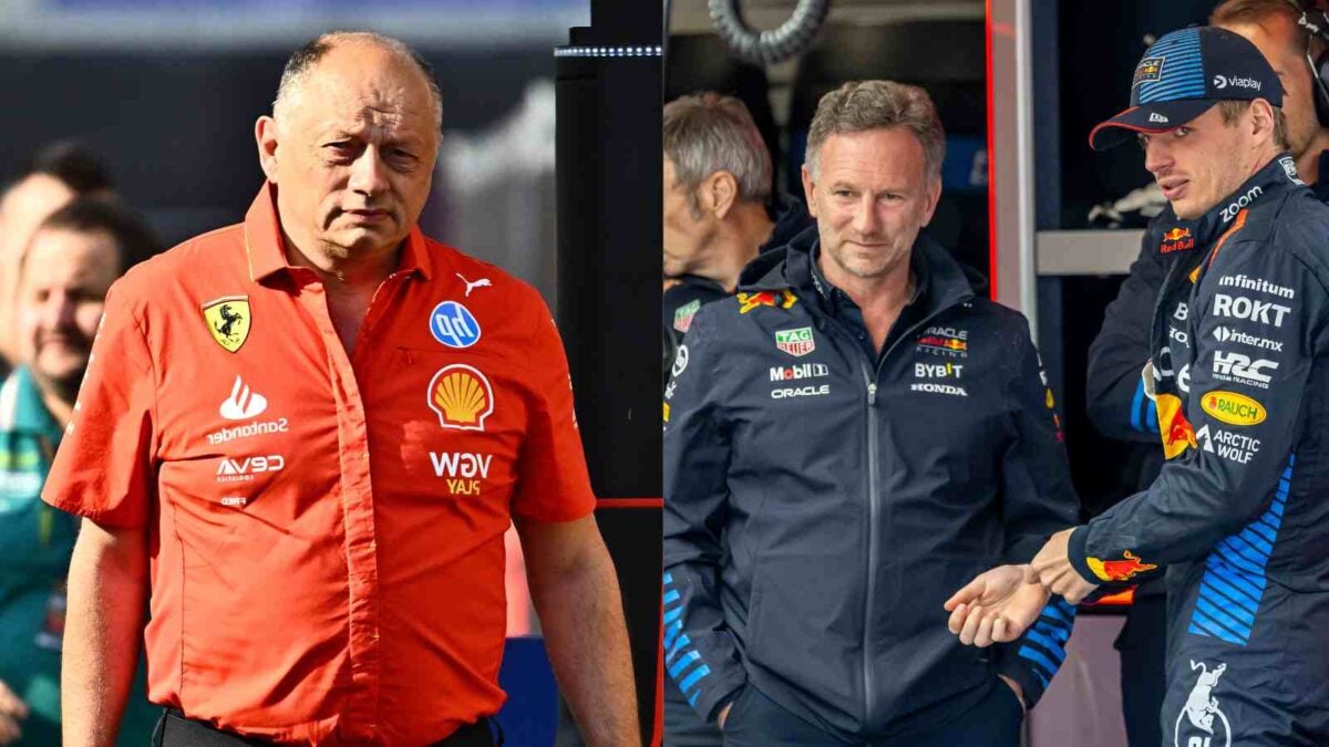 Fred Vasseur, Christian Horner, and Max Verstappen