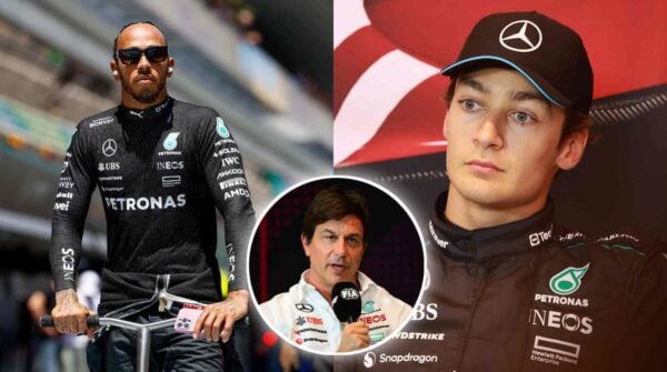 Lewis Hamilton, George Russell and Toto Wolff