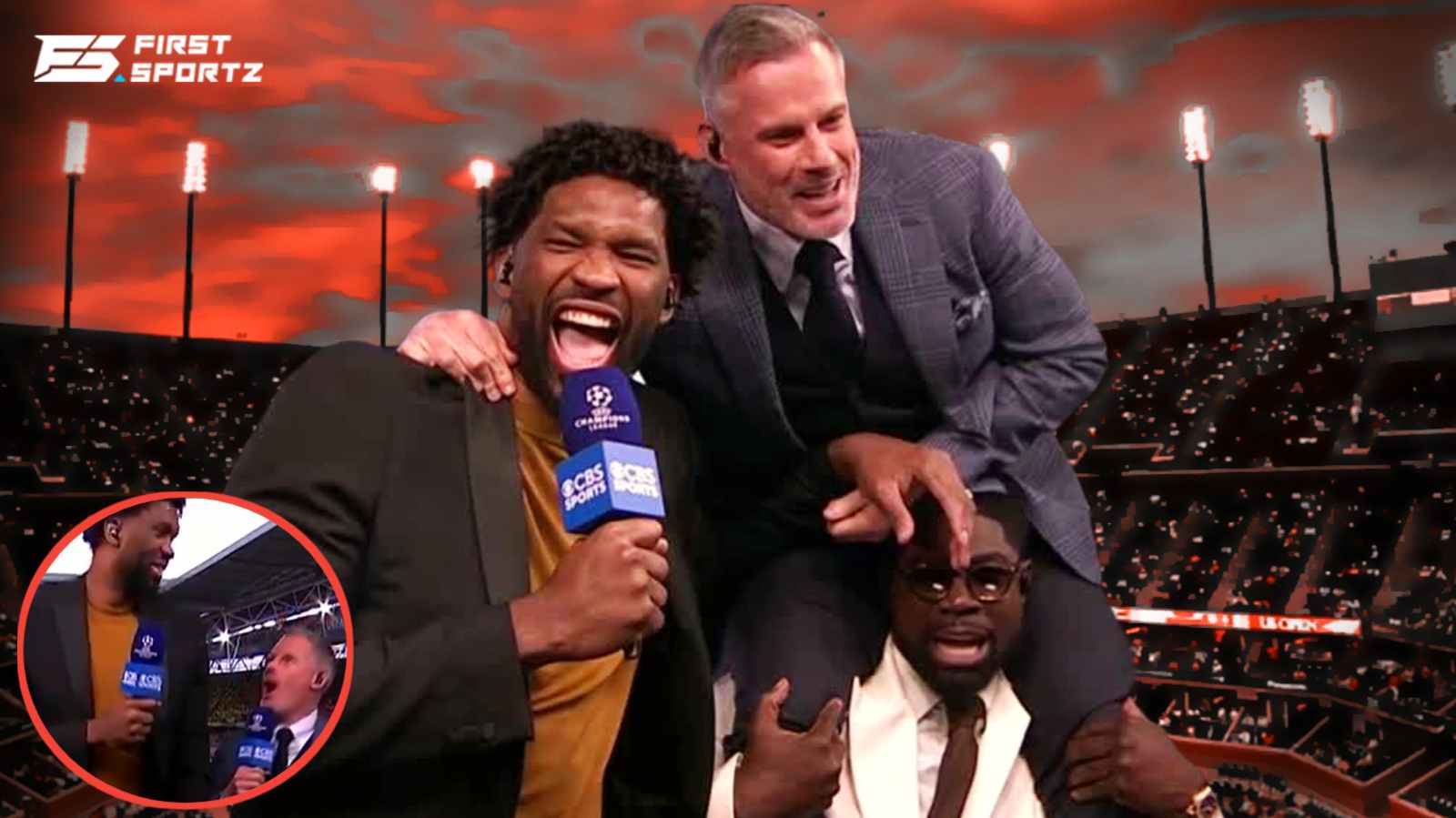 WATCH: Joel Embiid TOWERS over former Liverpool great Jamie Carragher during Champions League Final