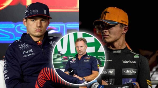 Max Verstappen, Lando Norris and Christian Horner